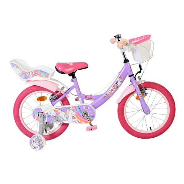 Volare Unicorn Kinderfahrrad - Mädchen - 16 Zoll - Lila - Zwei Handbremsen